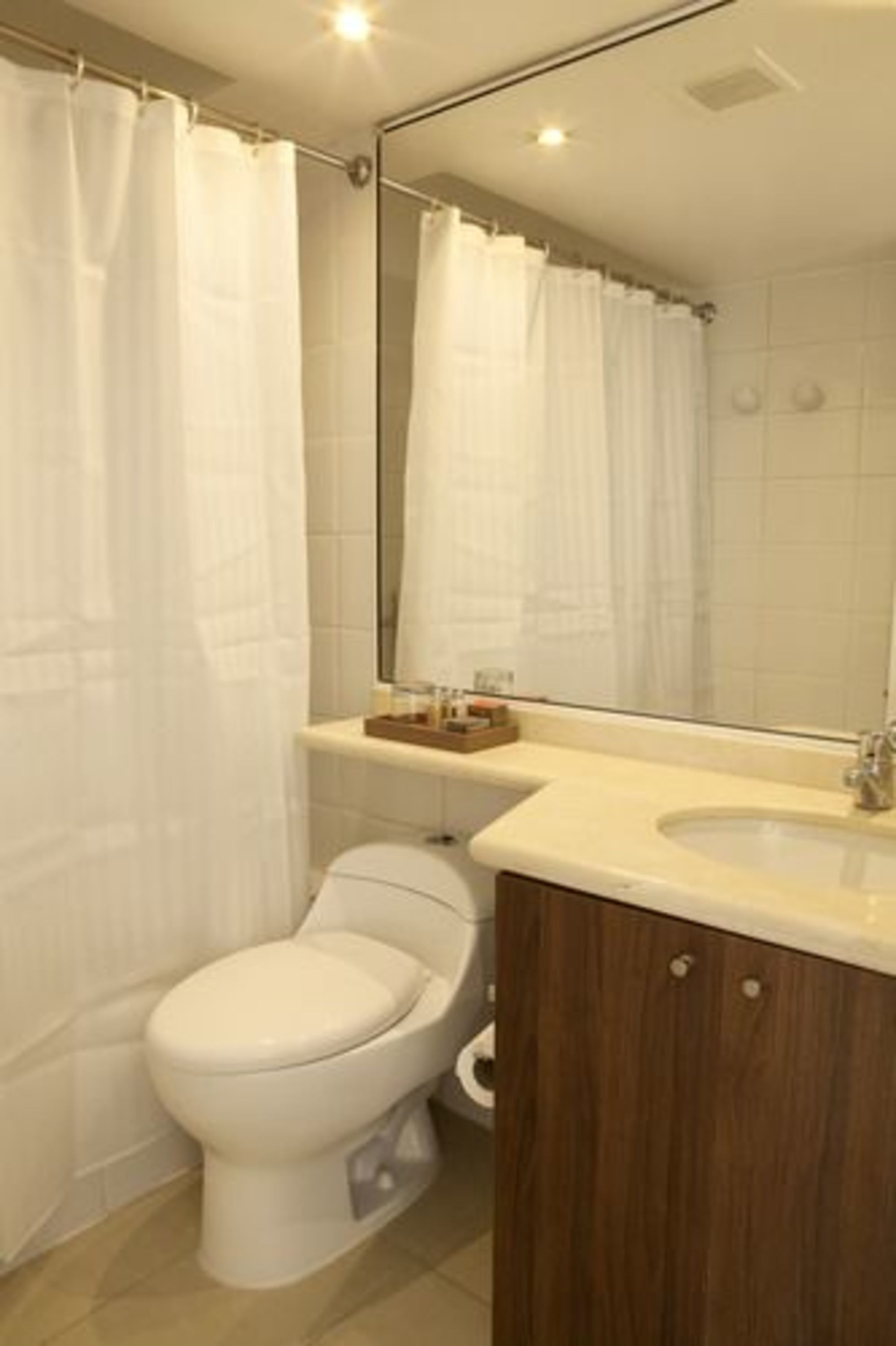 A bathroom with a toilet, sink, mirror, and shower curtain.