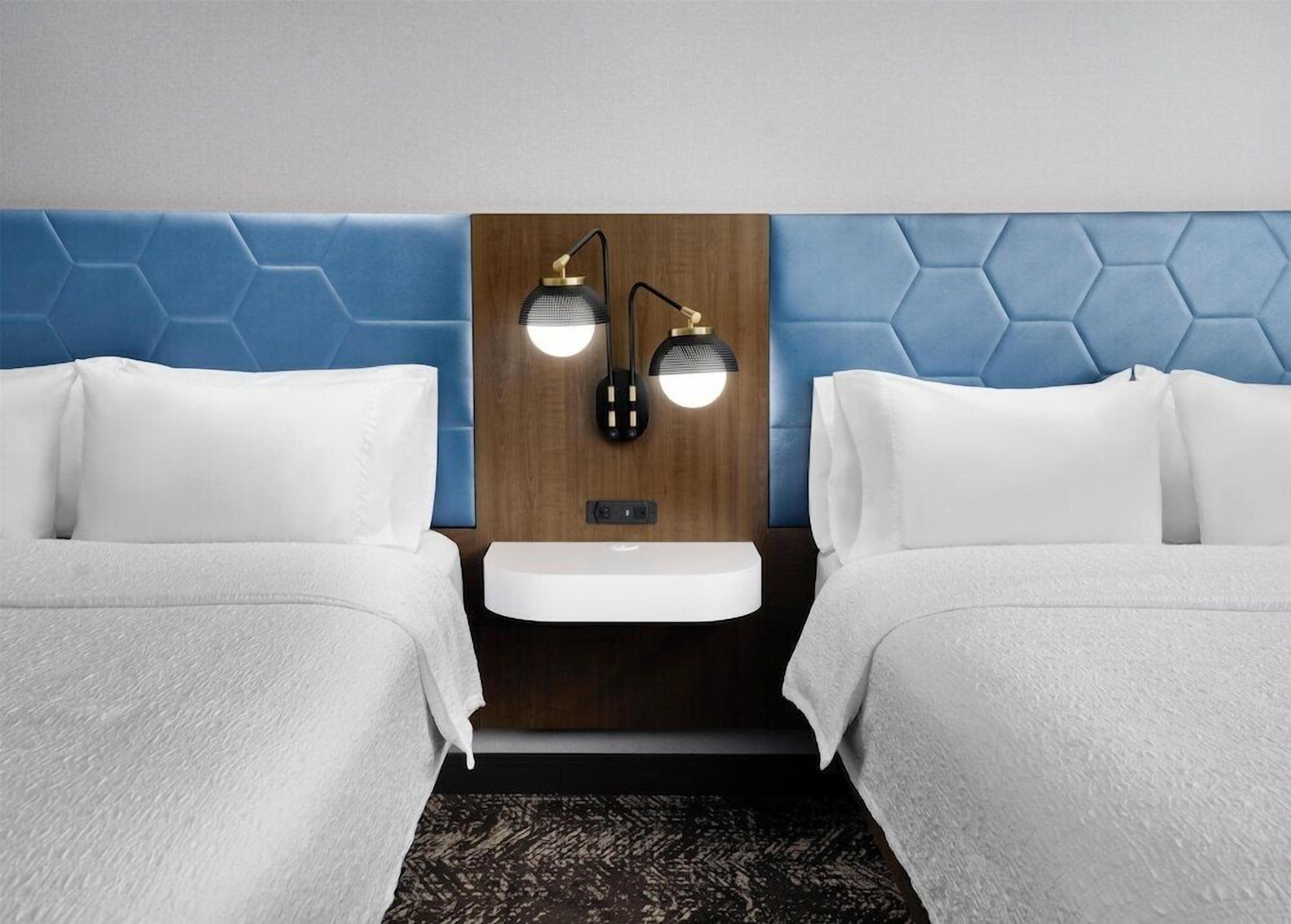 Desk, laptop workspace, blackout drapes, iron/ironing board