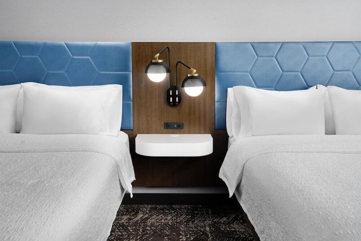 Desk, laptop workspace, blackout curtains, iron/ironing board