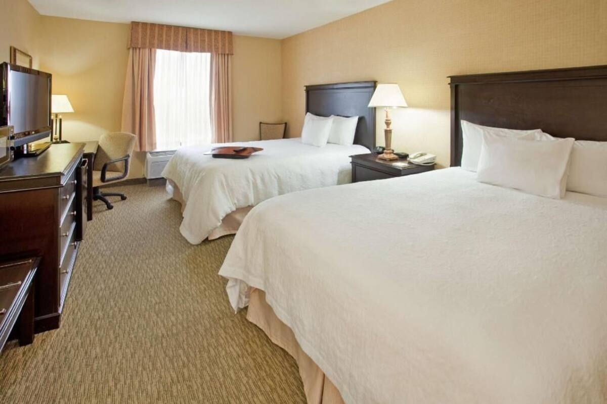 A hotel room with two beds, a desk with a television, a chair, and a lamp.