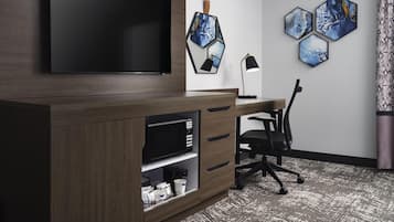 Desk, laptop workspace, blackout curtains, iron/ironing board