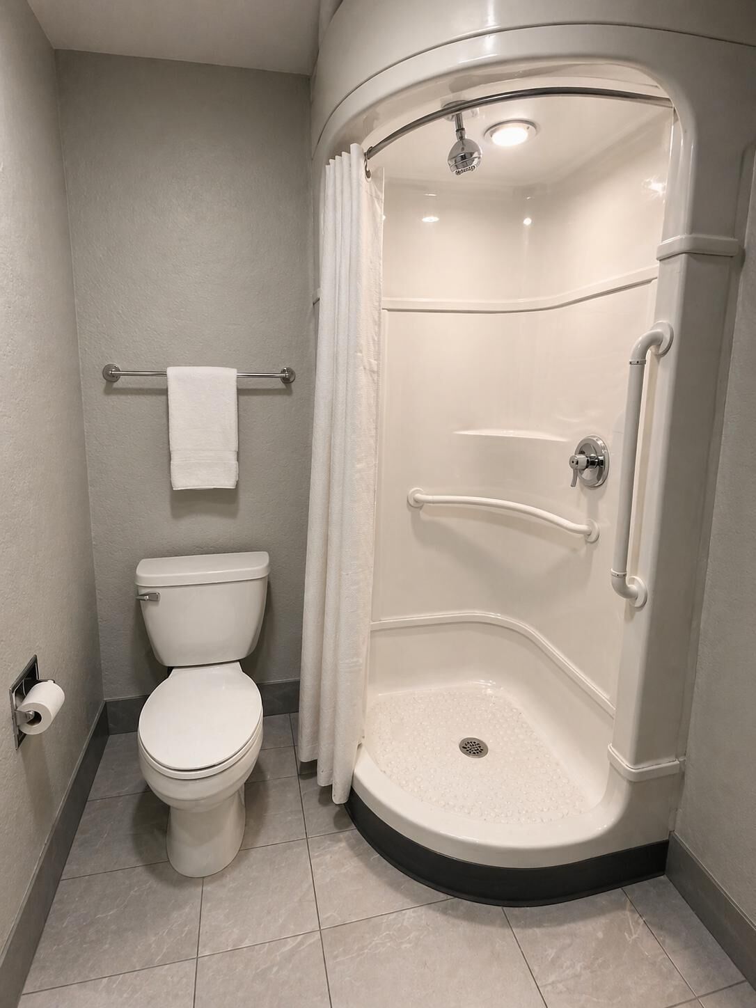 A modern bathroom with a toilet, a shower with grab bars, and a towel rack.