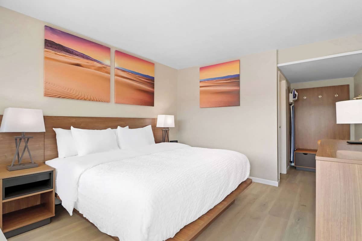 A hotel room with a large bed, two bedside tables with lamps, a wooden headboard, and three wall-mounted artwork depicting desert landscapes.
