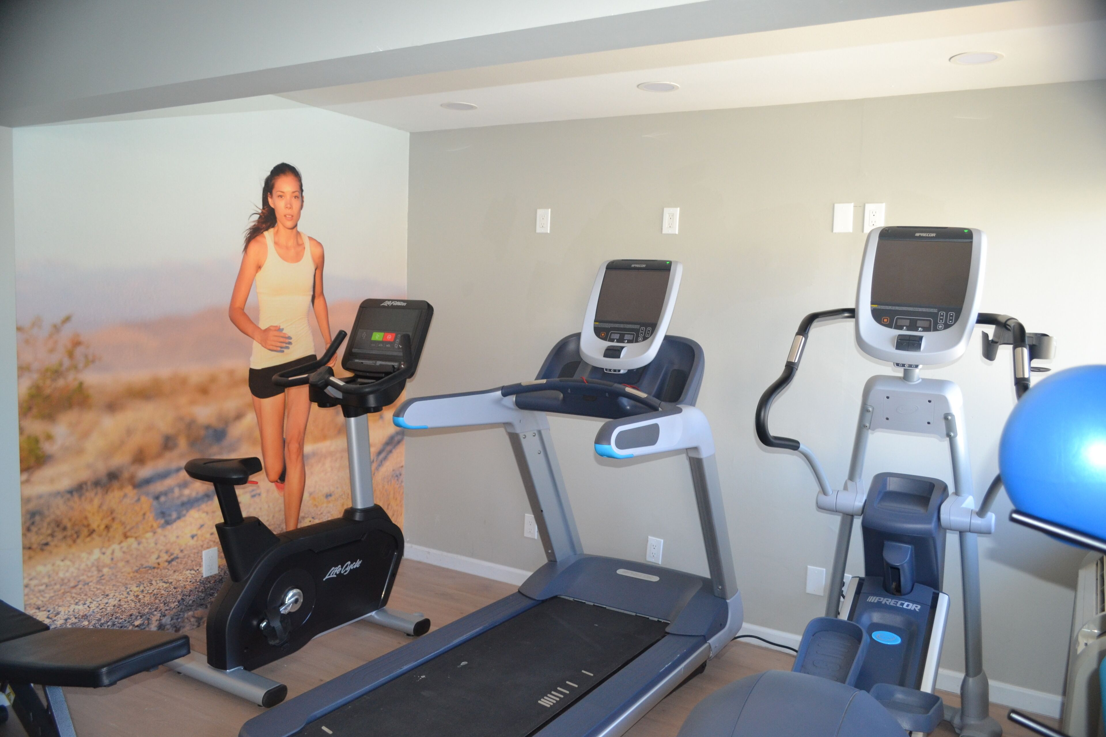 A home gym with three treadmills, a stationary bike, and a bench.