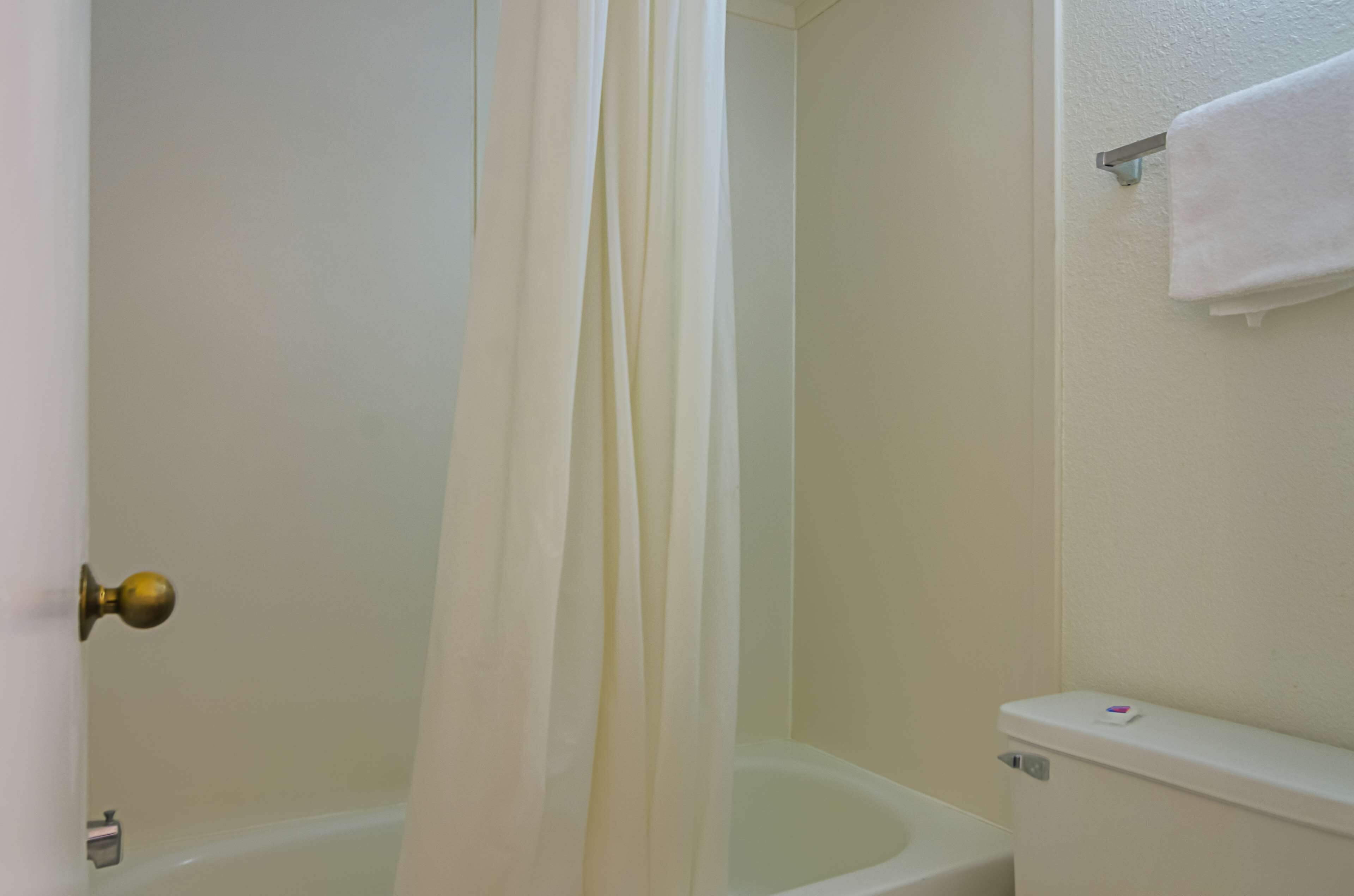 A bathroom with a bathtub, toilet, and a shower curtain.
