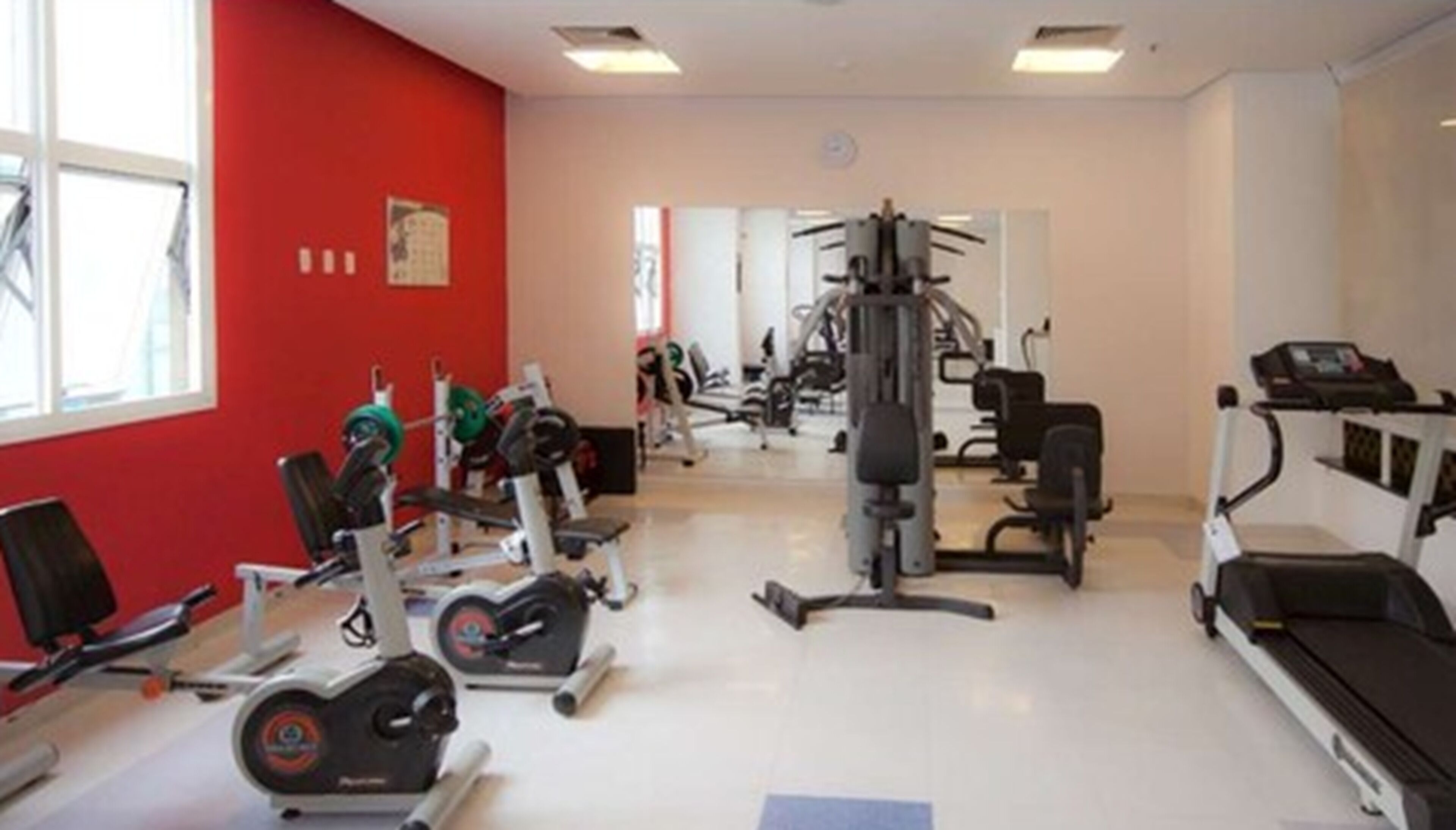 Un gimnasio con diversos equipos de ejercicio, incluyendo cintas de correr, máquinas de pesas y pesas libres.