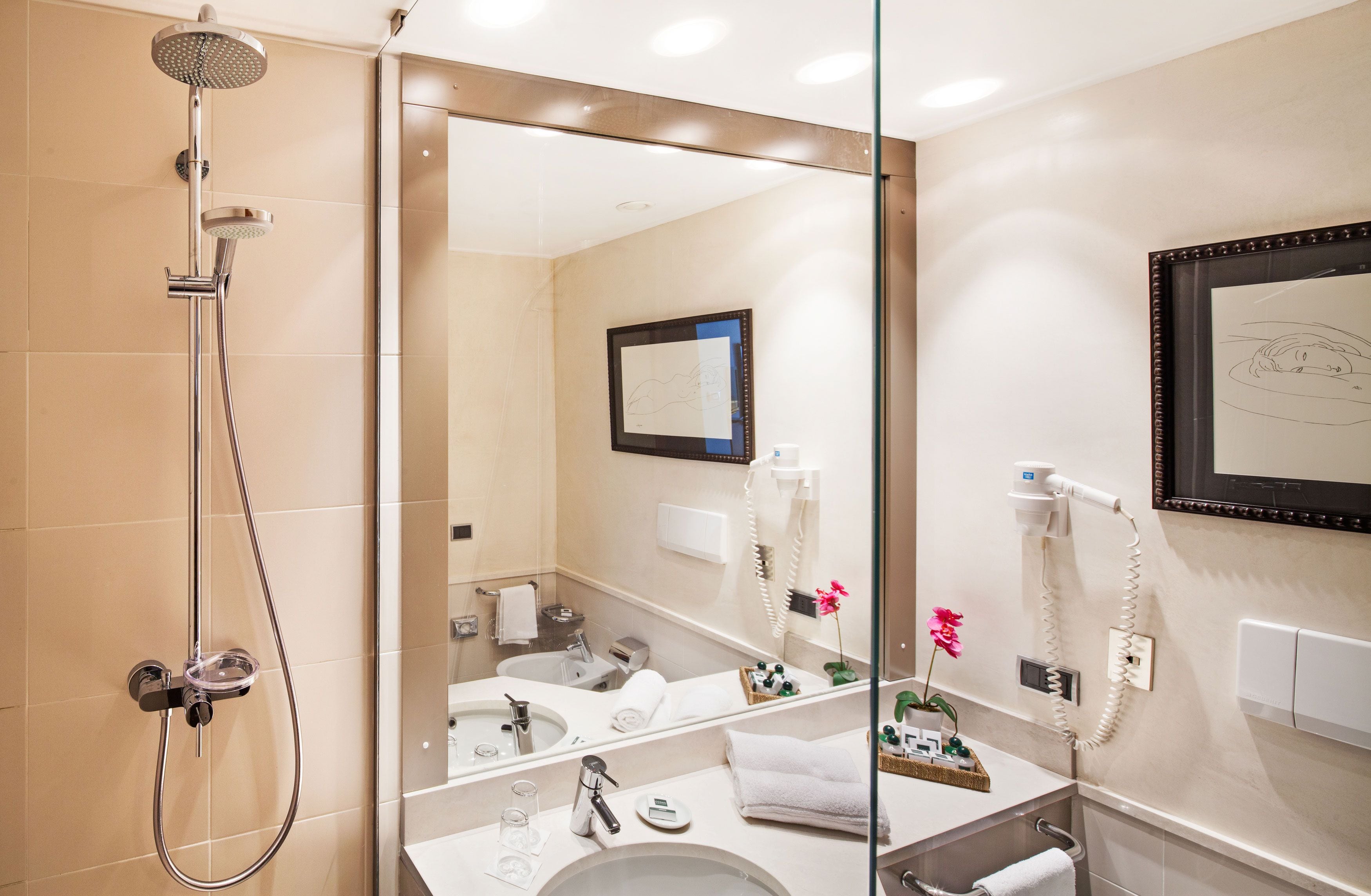 free toiletries, hair dryer, bidet, towels