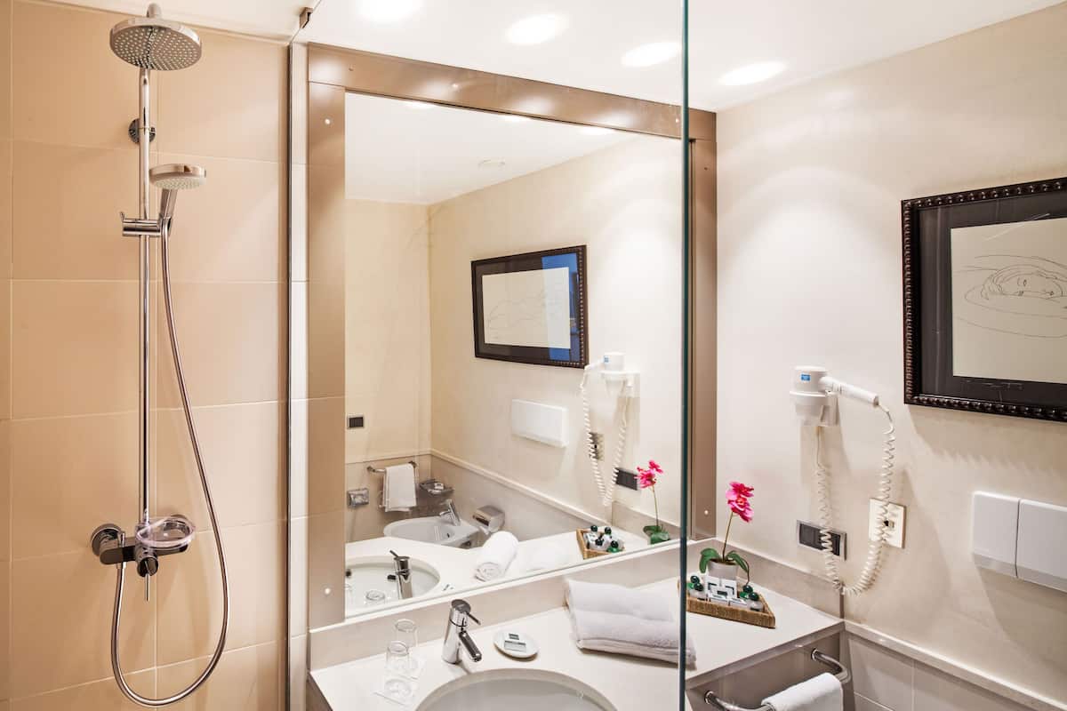 free toiletries, hair dryer, bidet, towels