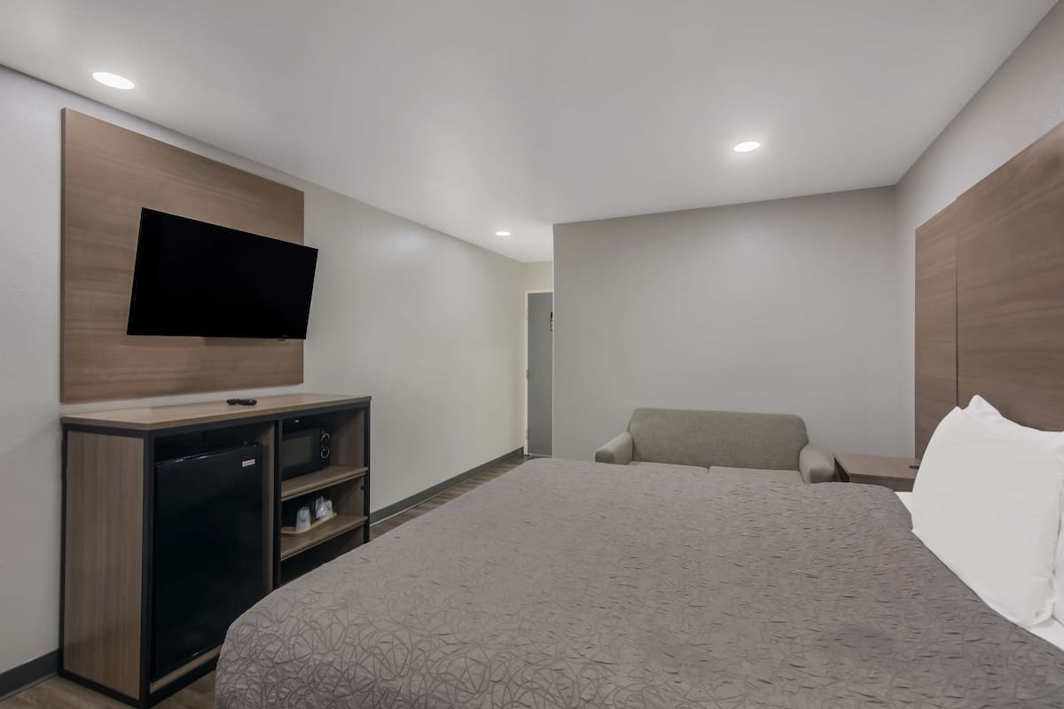 A modern hotel room with a large bed, a flat-screen TV mounted on a wooden panel, a small refrigerator, and a microwave.