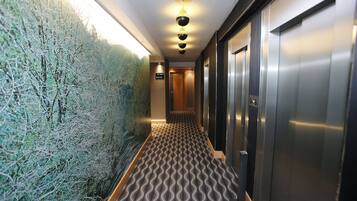 Un pasillo con pared texturizada, alfombra estampada y un ascensor.