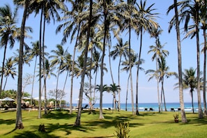 Plage, sable blanc, parasols, serviettes de plage