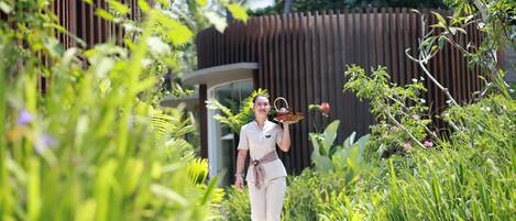 A person walking on a pathway surrounded by lush greenery and a wooden fence.
