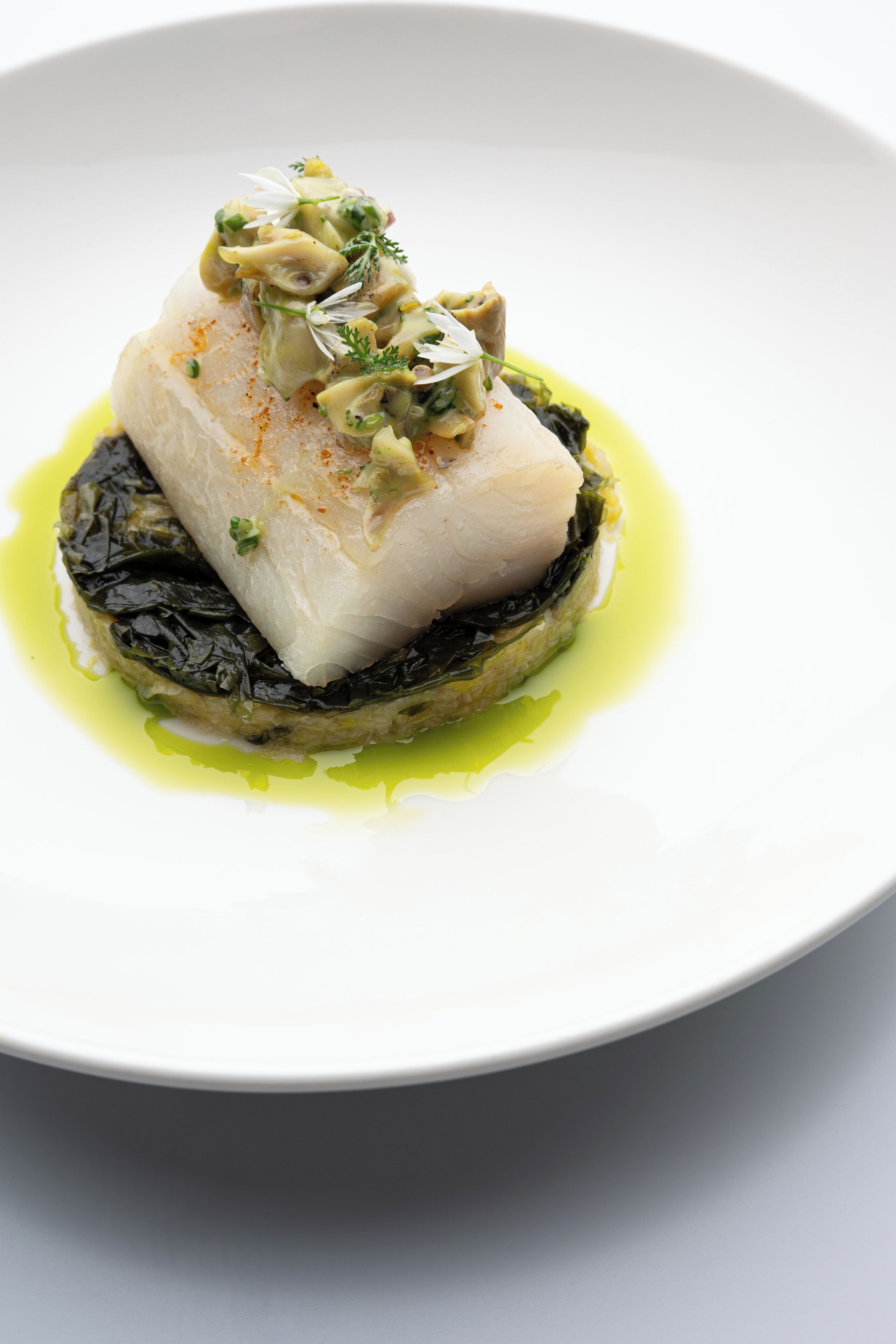 Une assiette blanche sur laquelle repose un morceau de poisson, lui-même posé sur un lit de verdure, le tout agrémenté d'herbes et d'une sauce légère.