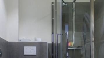A modern bathroom with a glass-enclosed shower, a toilet, and a sink.