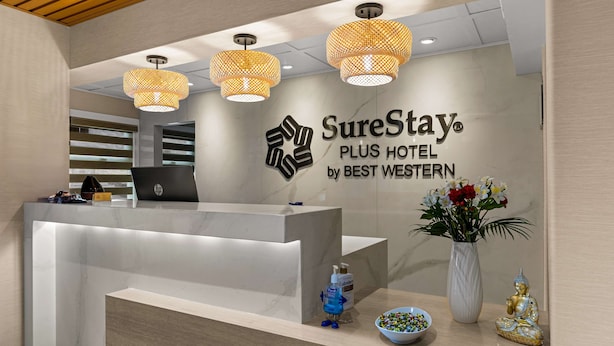 Una recepción de hotel con diseño moderno, el logo de SureStay Plus Hotel by Best Western, y una estatua de Buda.