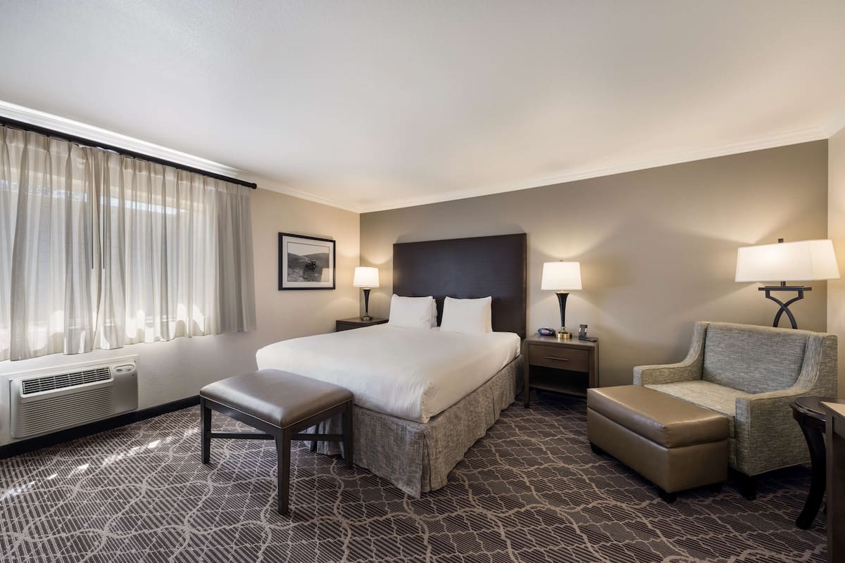 A hotel room with a large bed, a chair, a desk, and a window with curtains.
