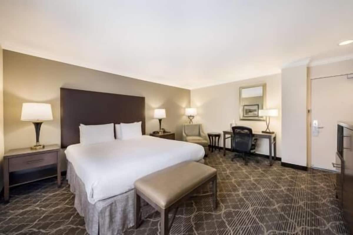 A hotel room with a large bed, two bedside tables with lamps, a desk with a chair, a bench, and a television.