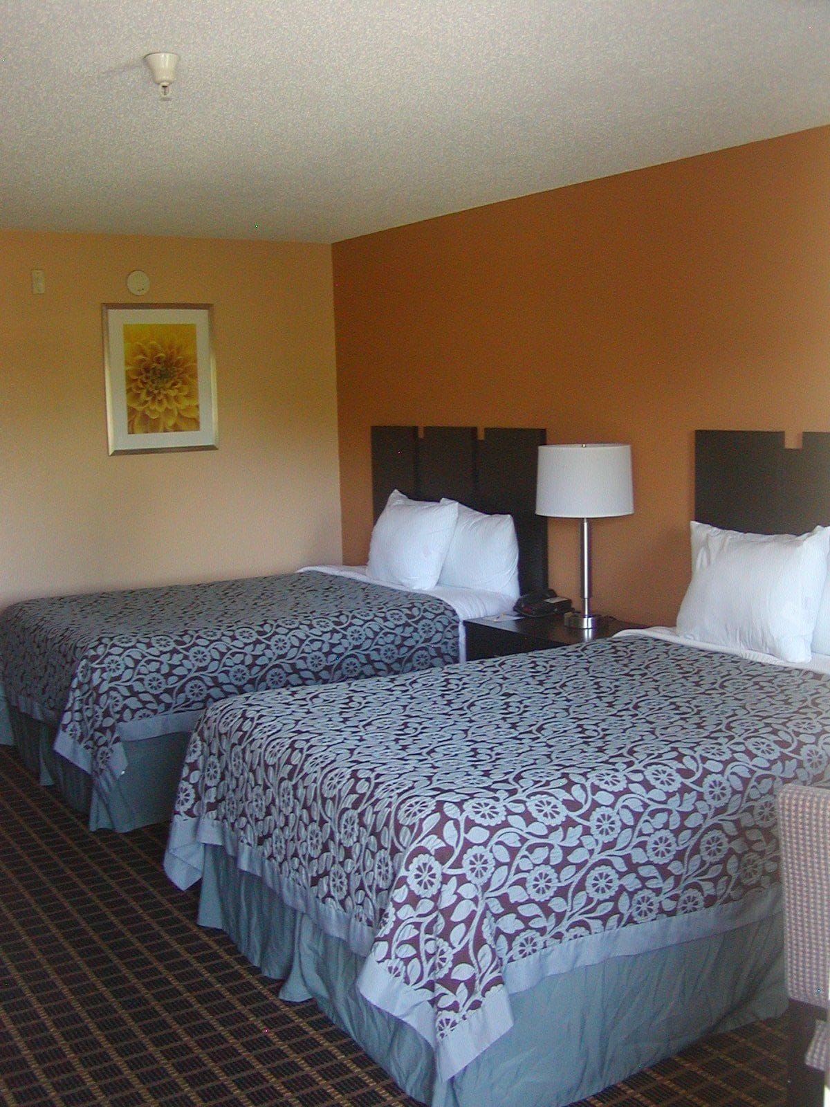 A hotel room with two beds, a nightstand with a lamp, and a framed picture on the wall.