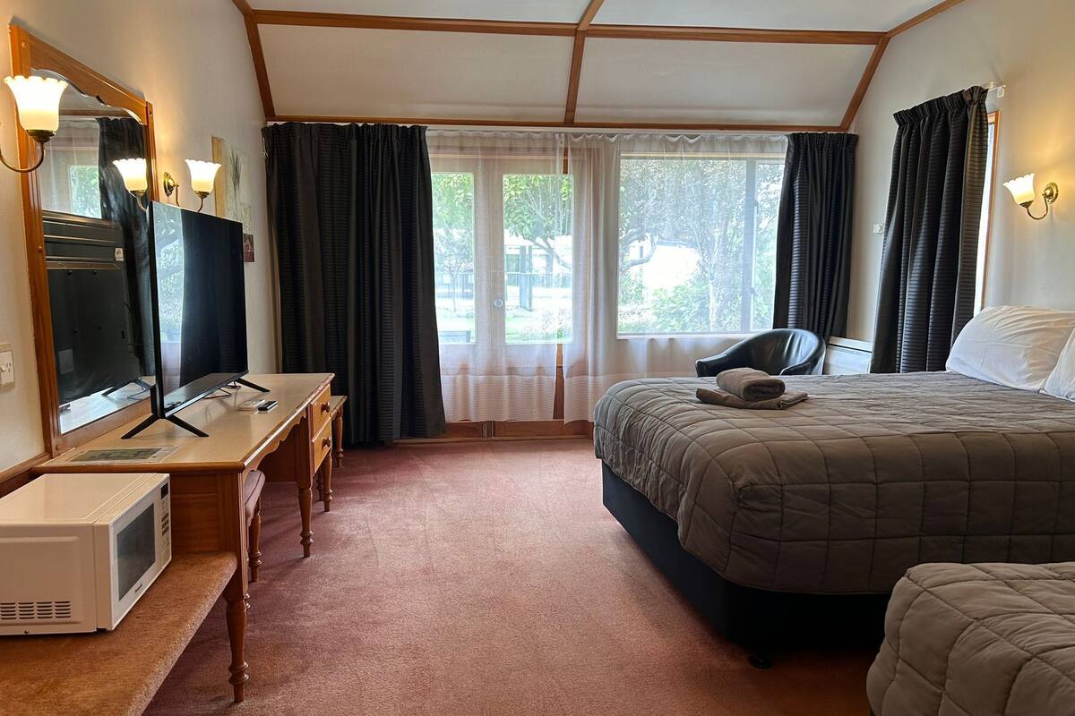 Habitación de hotel con cama, escritorio, televisor de pantalla plana, microondas y una silla.