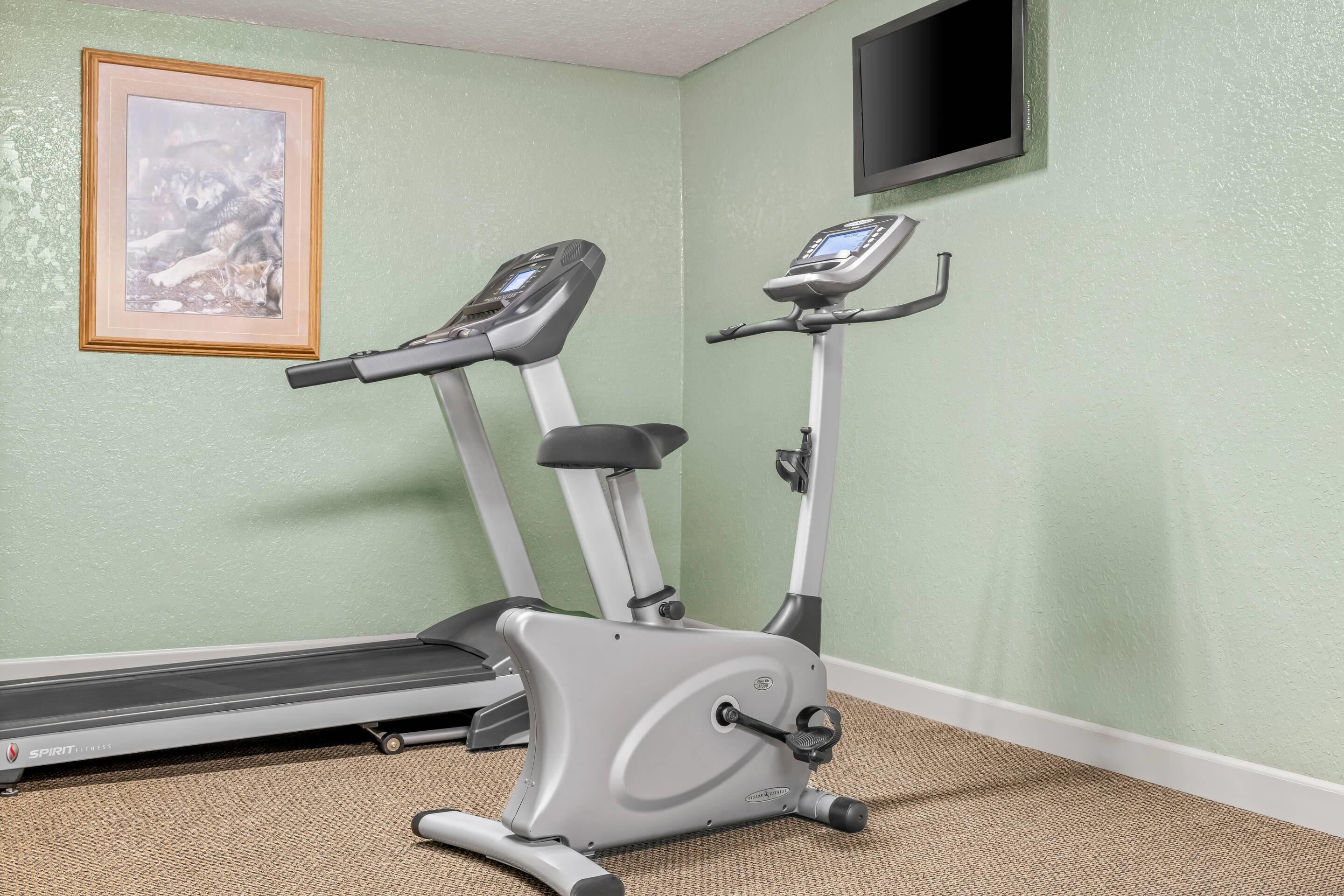 A room with two stationary bikes, a treadmill, a framed picture on the wall, and a TV mounted above.