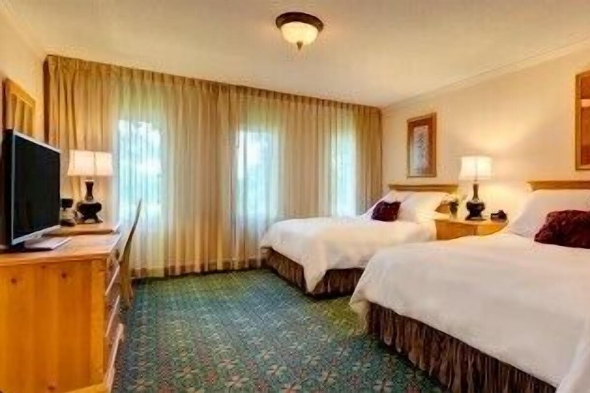 A hotel room with two beds, a television, and a carpeted floor.