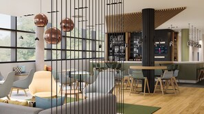A modern bar area with seating, a bar counter, and a view through a patterned partition. - Holiday Inn Ratingen City by IHG (Ratingen)