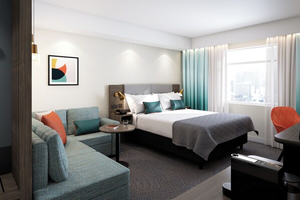 Hypo-allergenic bedding, desk, laptop workspace, blackout curtains