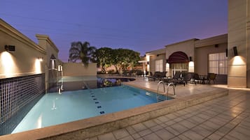 Outdoor pool, pool umbrellas, pool loungers