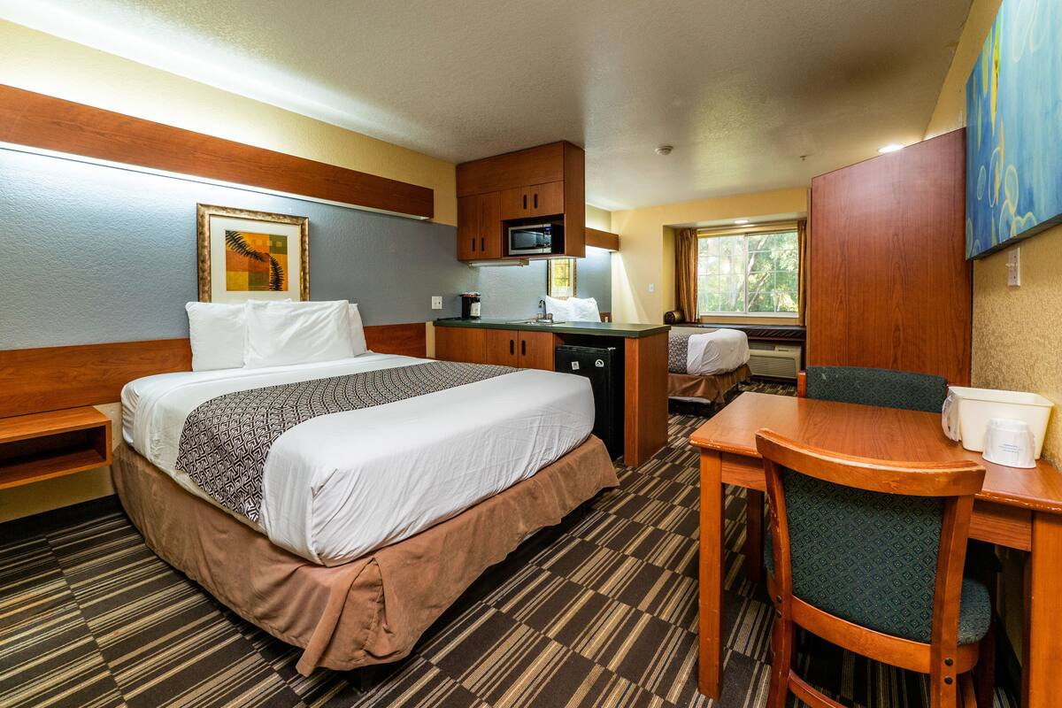 A hotel room with a bed, a desk, a chair, a microwave, and a television.