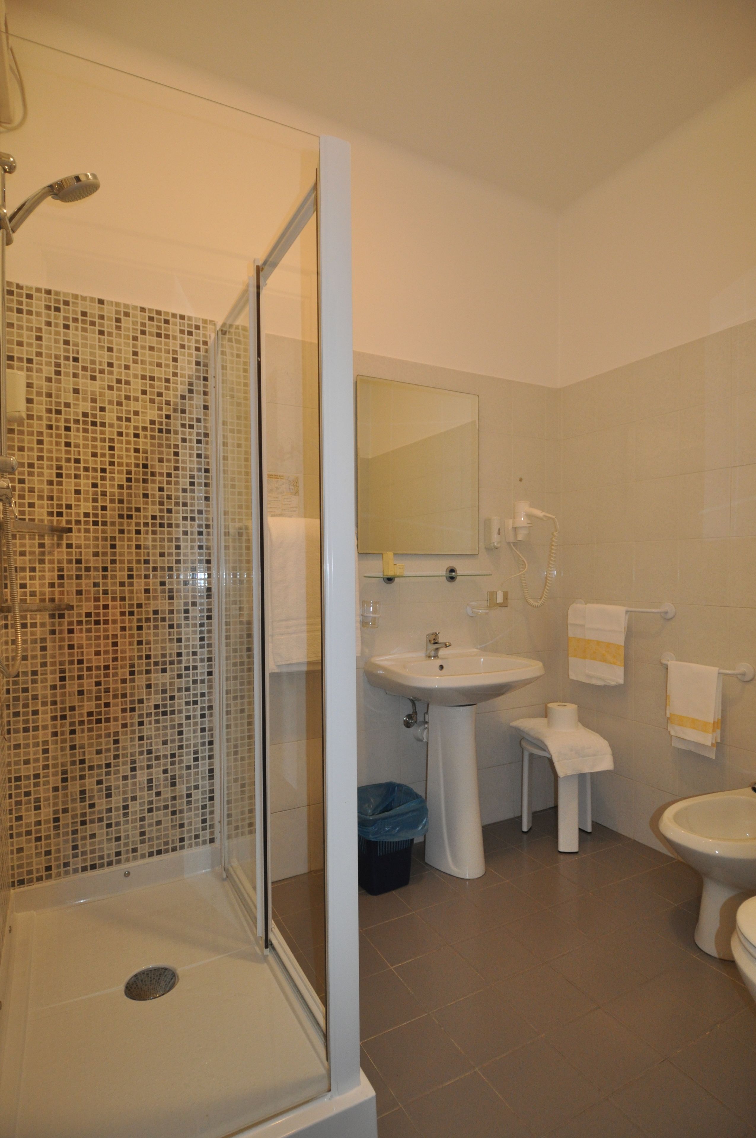 hair dryer, slippers, bidet, towels