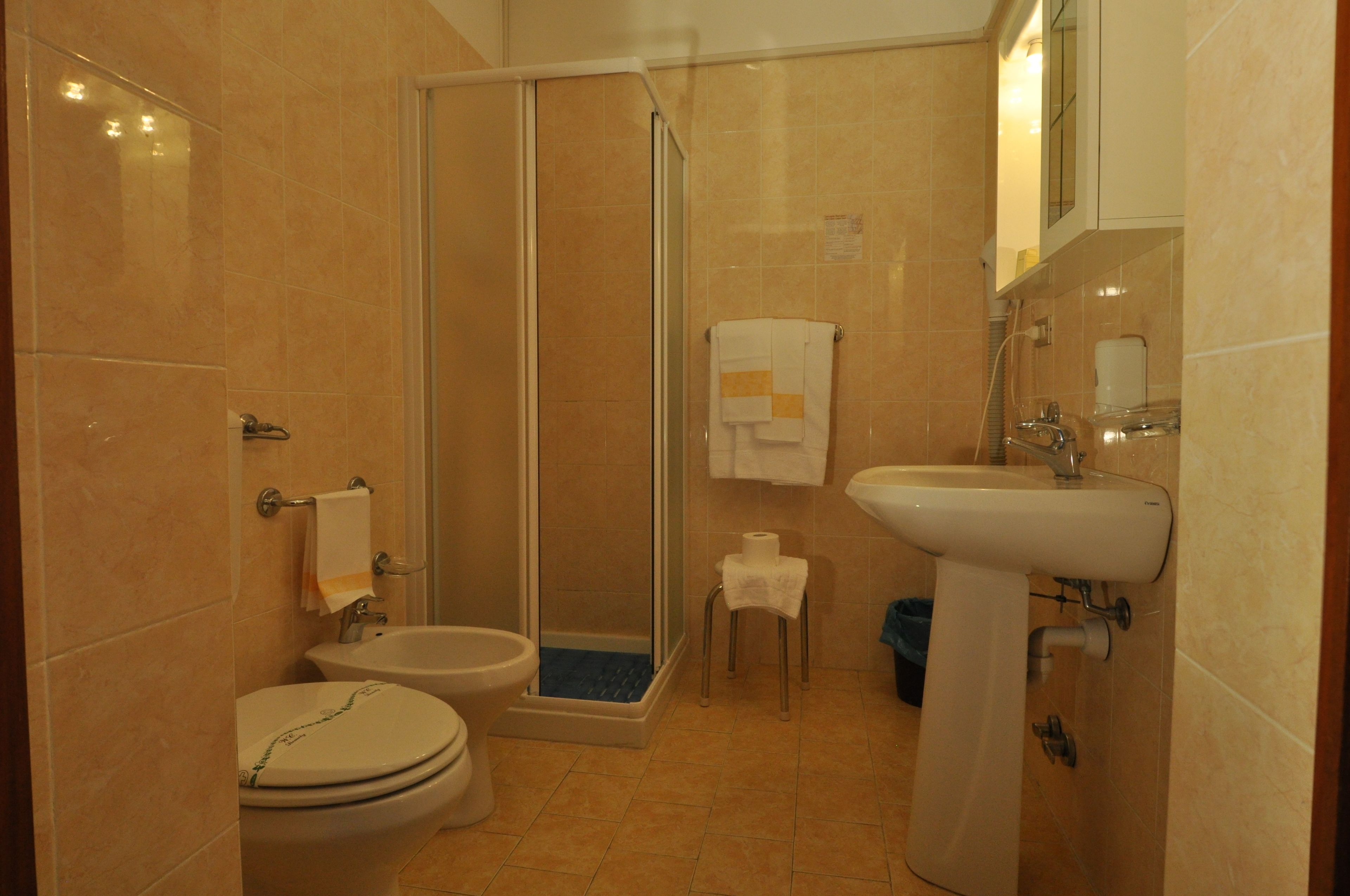 hair dryer, slippers, bidet, towels