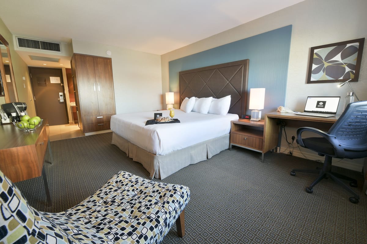 Habitación de hotel con una cama grande, un escritorio con una computadora portátil, una silla, una mesita de noche con una lámpara y un frutero.
