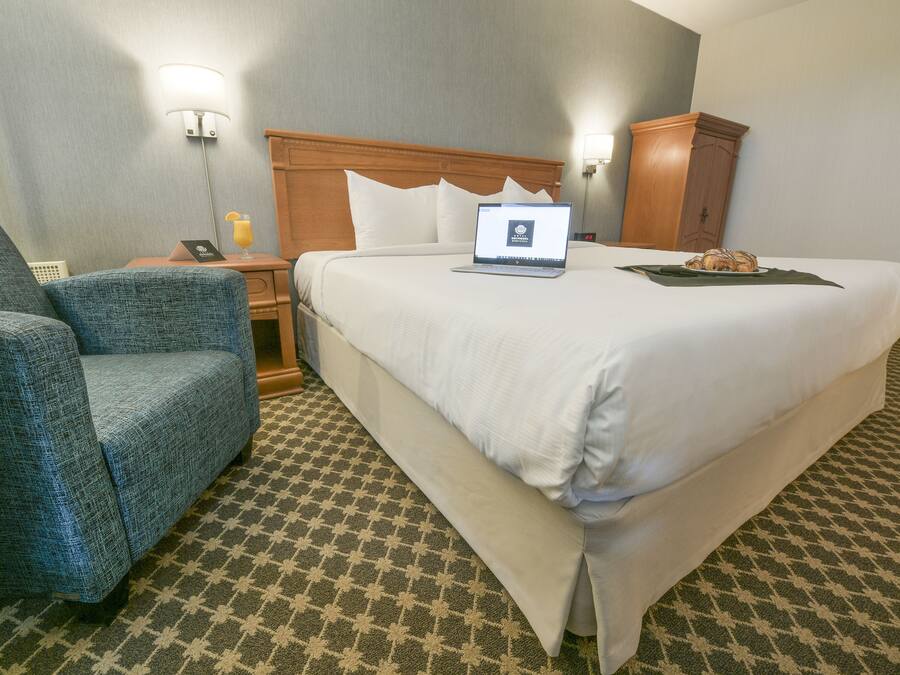 A hotel room with a large bed, a chair, a desk with a laptop, and a nightstand with a lamp.