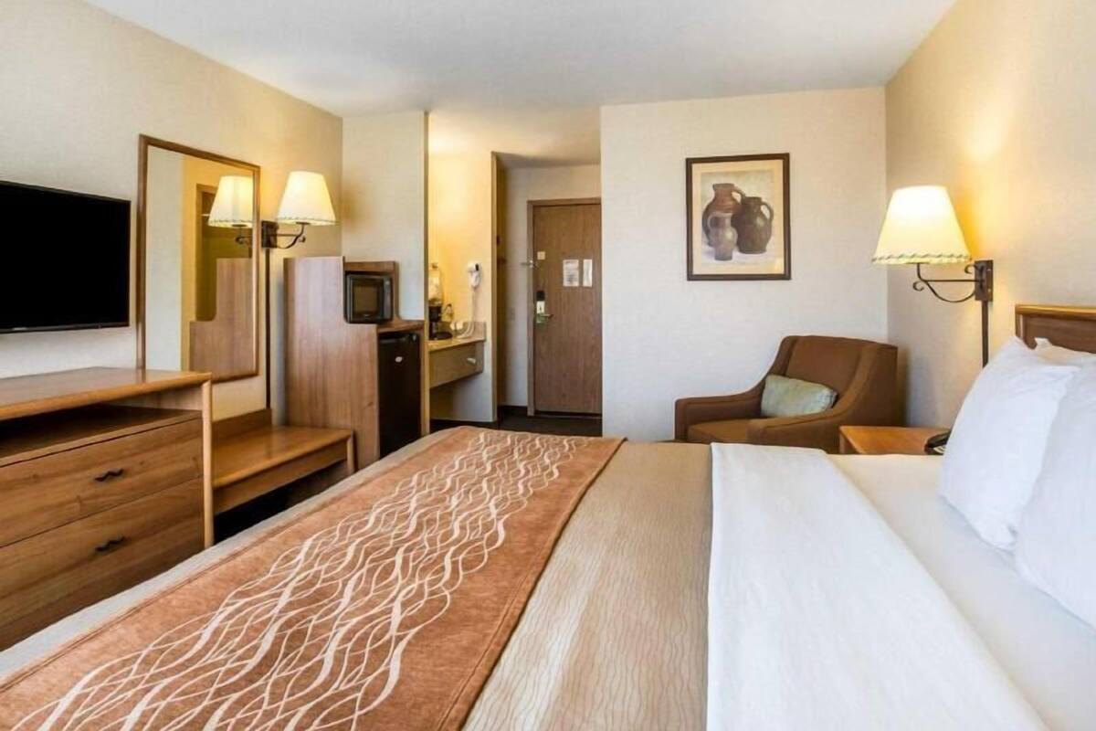 A hotel room with a bed, a desk, a chair, a television, and a microwave.