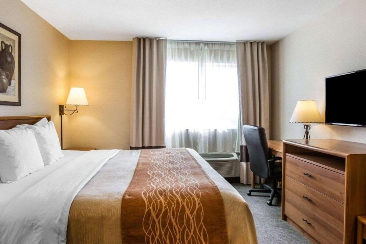 A hotel room with a bed, a desk, a television, and a window with curtains.