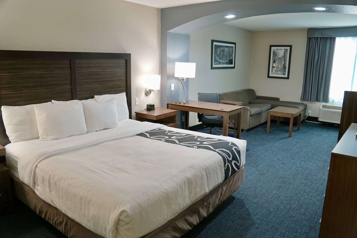 A hotel room with a large bed, a desk, a chair, a sofa, and a small table.