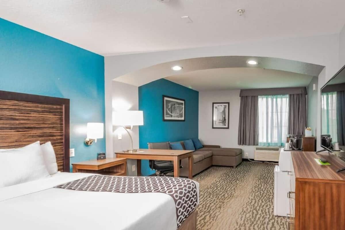 A hotel room with a bed, a desk, a sofa, a TV, and a window with curtains.