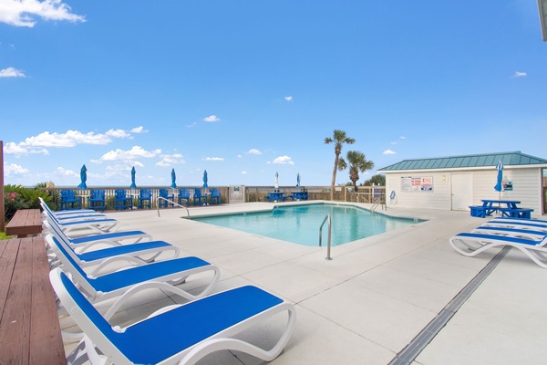 Indendørs pool, udendørs pool, parasoller, liggestole