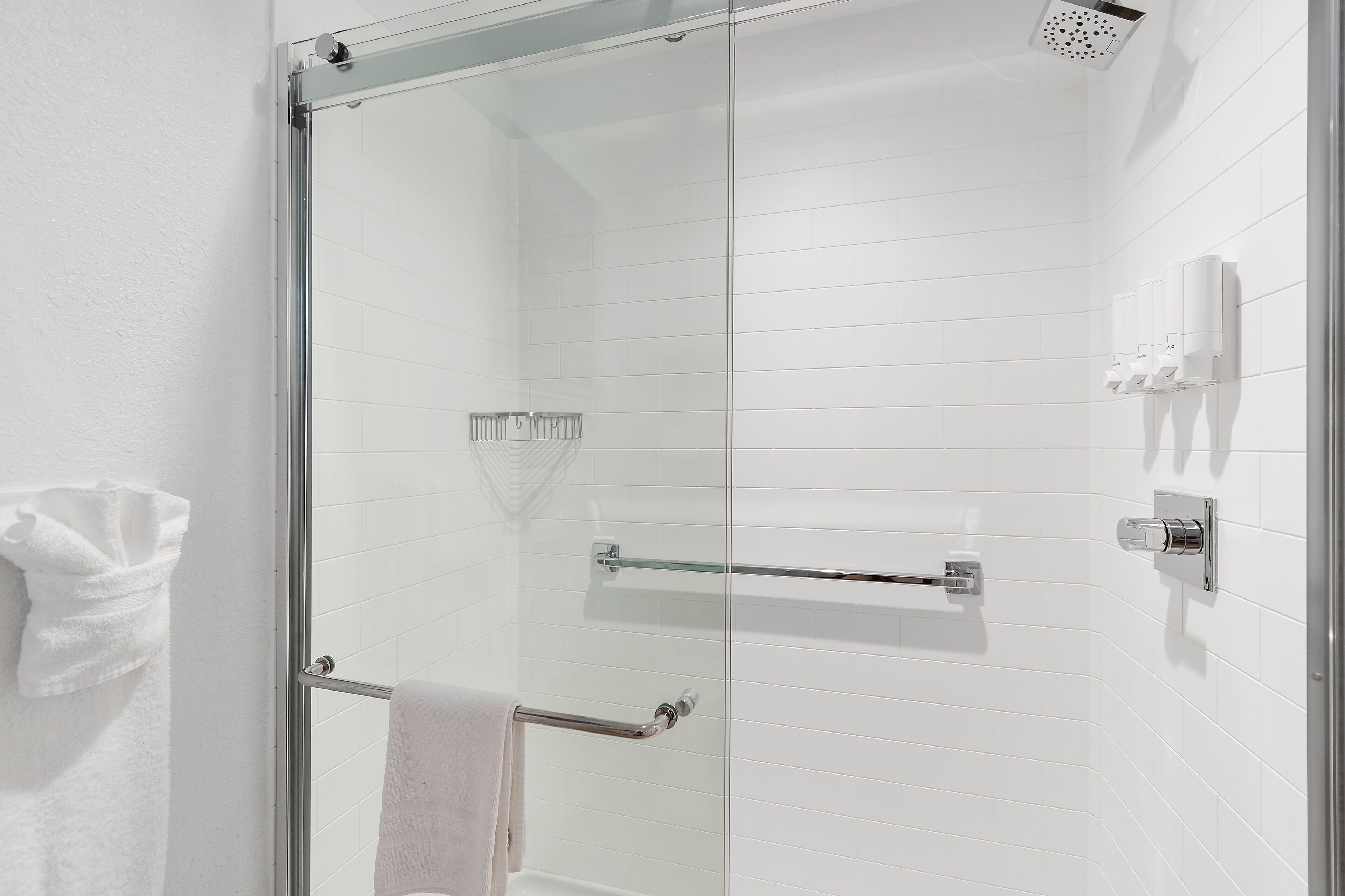 hair dryer, towels, soap, shampoo