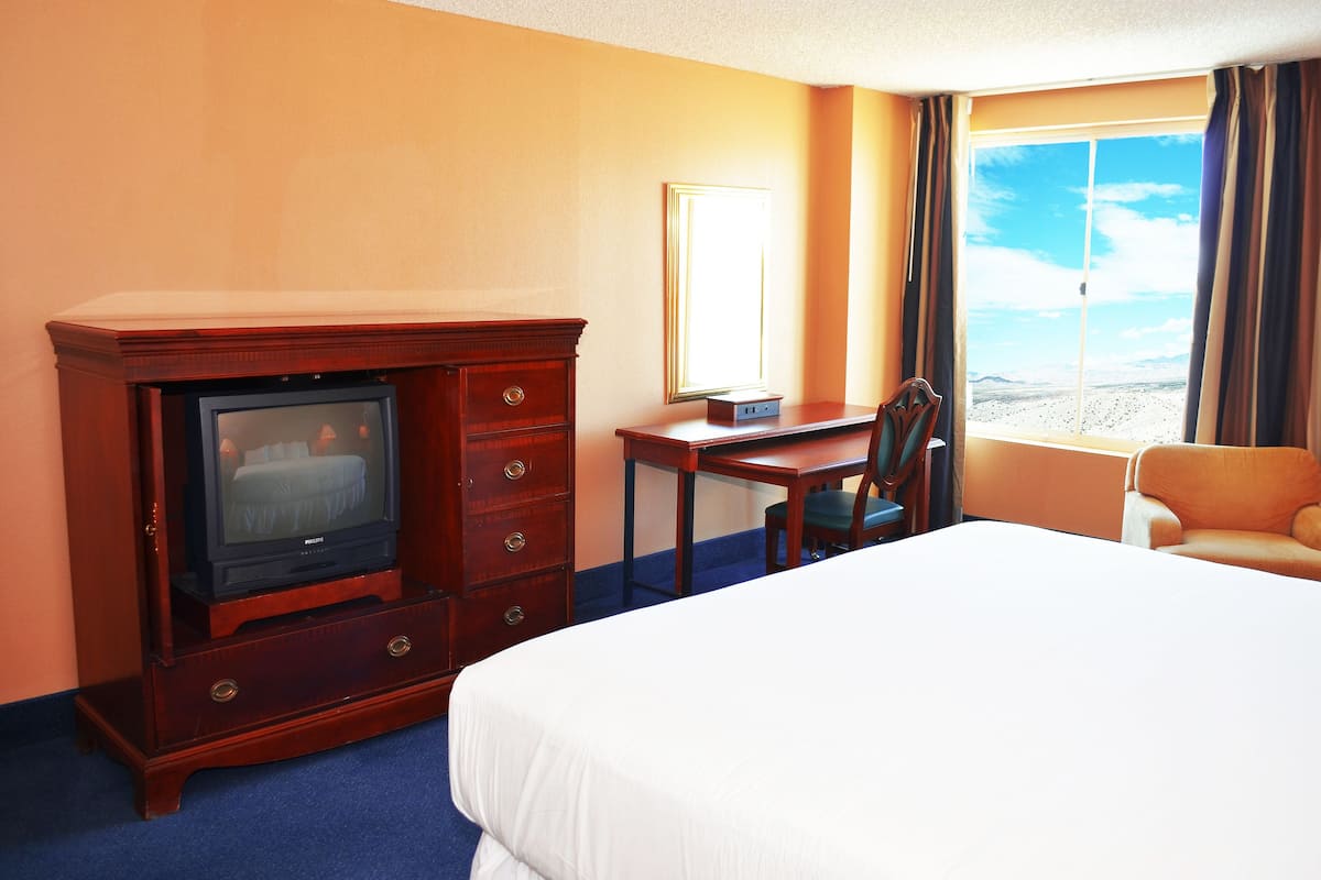 A hotel room with a bed, a desk with a television, a chair, and a view of the desert through the window.