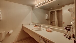 A bathroom with a sink, mirror, and hairdryer.