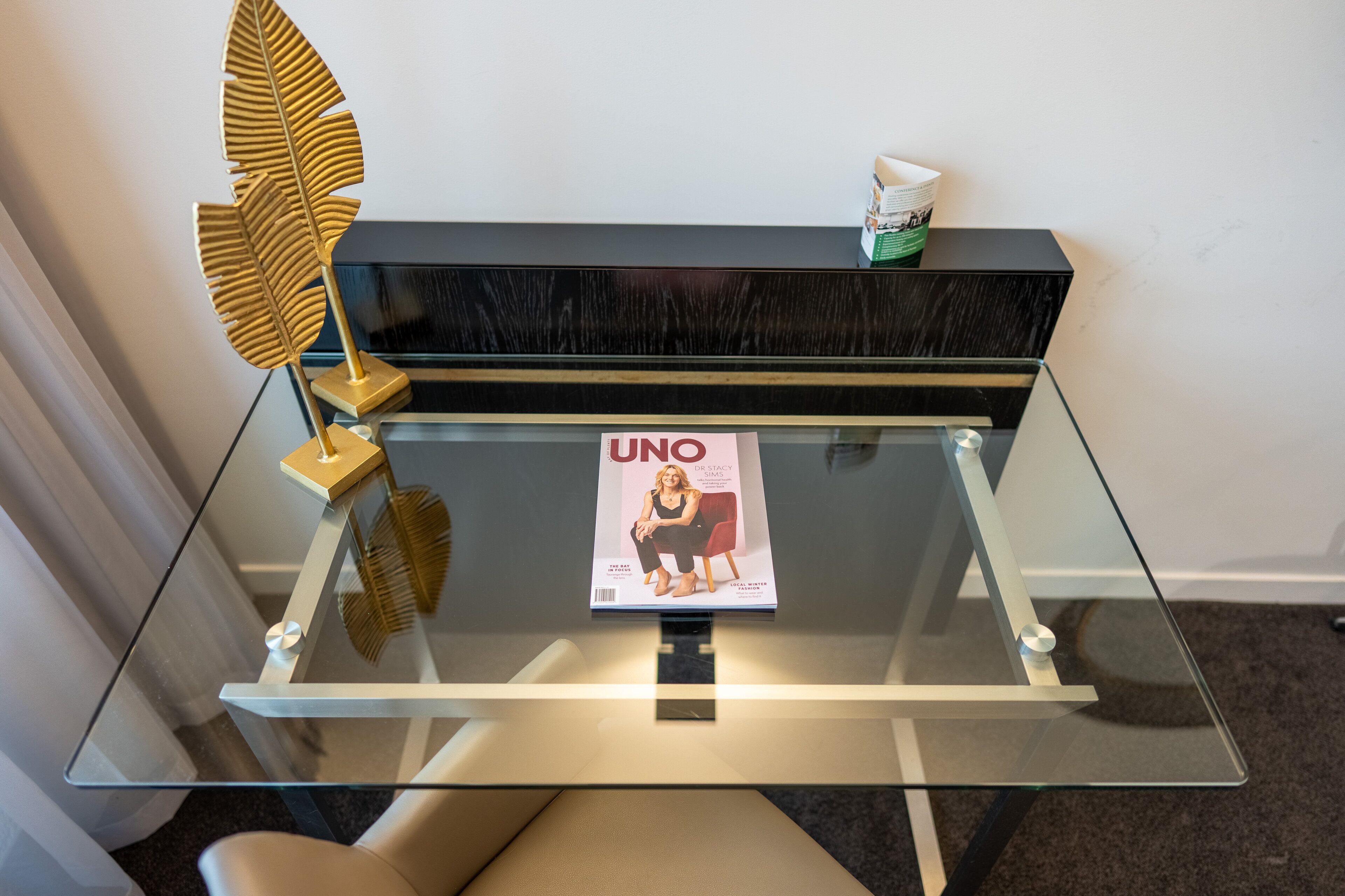 A glass-top table with a magazine, a decorative feather, and a black console.