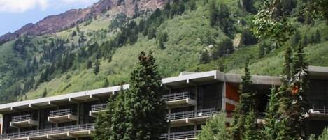 Un hotel de varios pisos con balcones, rodeado de exuberante vegetación y montañas.