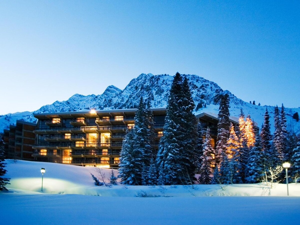 Exterior of the Lodge at Snowbird with snow covered landscapes near Snowbird Ski Area
