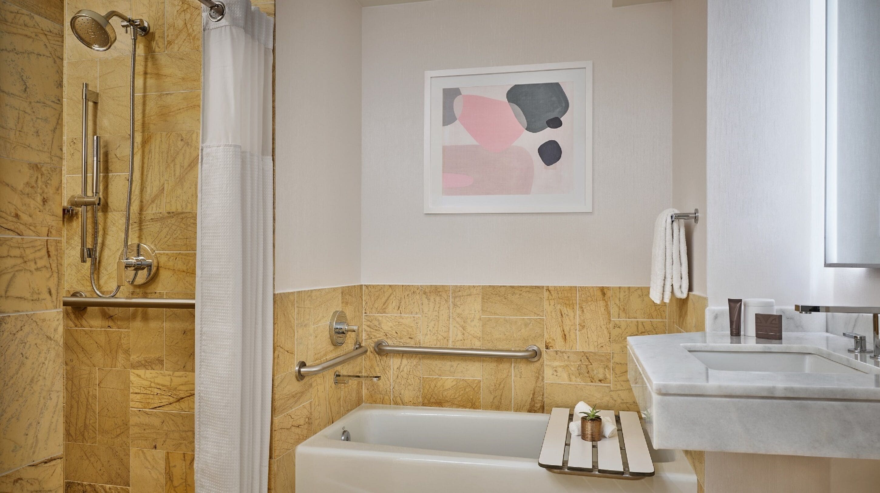 separate bathtub and shower, deep-soaking bathtub, designer toiletries