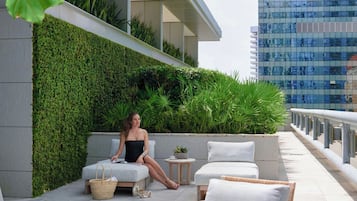 A rooftop terrace with outdoor seating, a large leafy plant, and a modern building in the background.