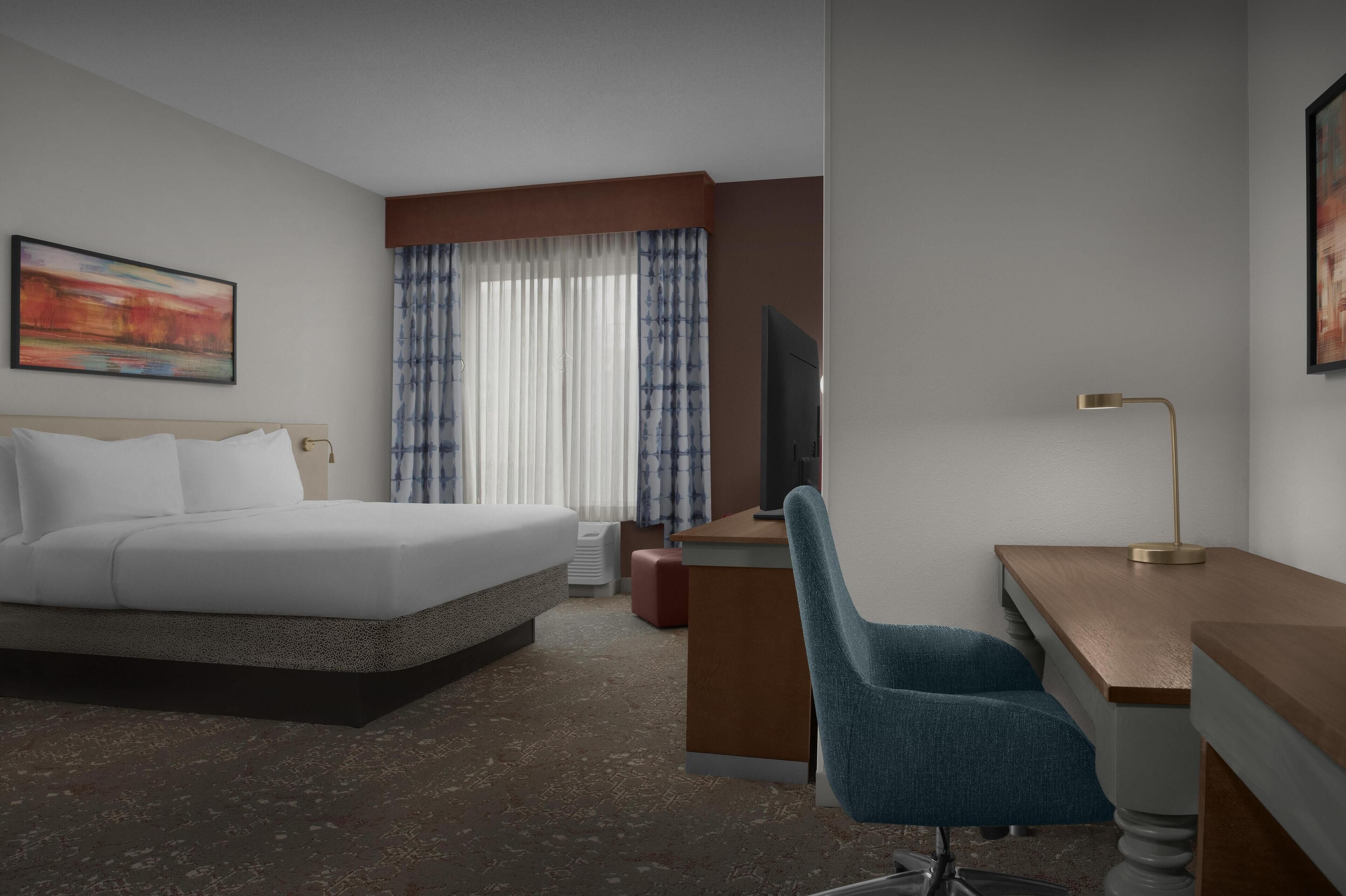 Desk, blackout curtains, soundproofing, iron/ironing board