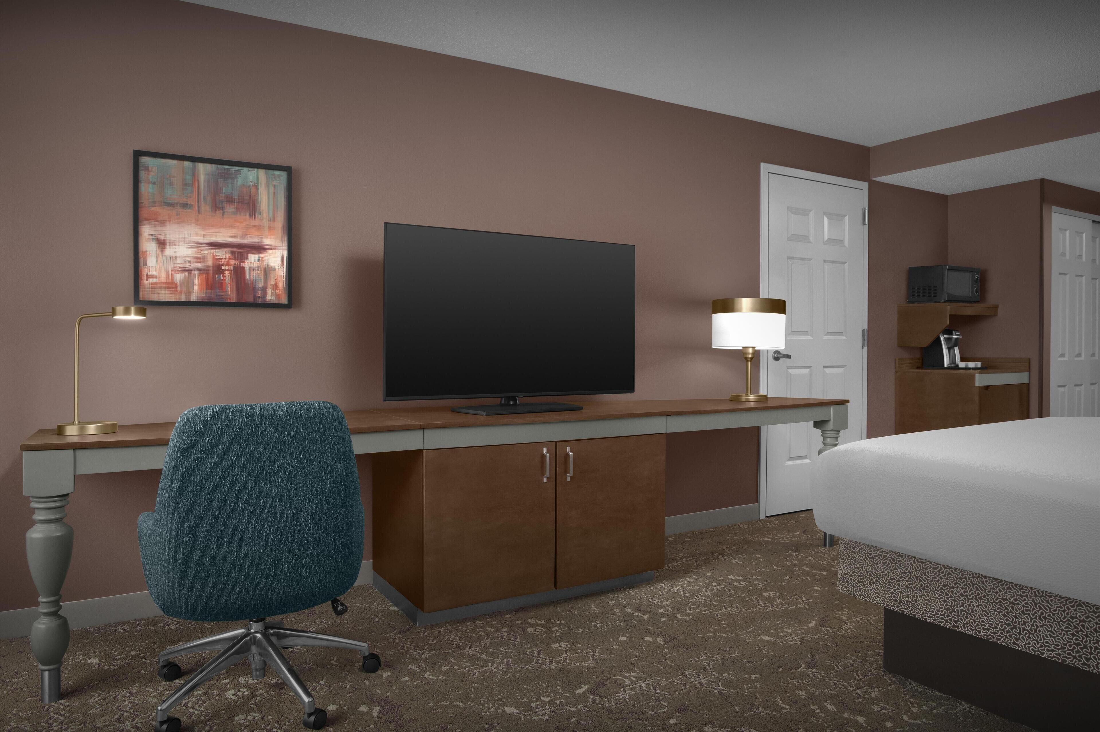 Desk, blackout curtains, soundproofing, iron/ironing board