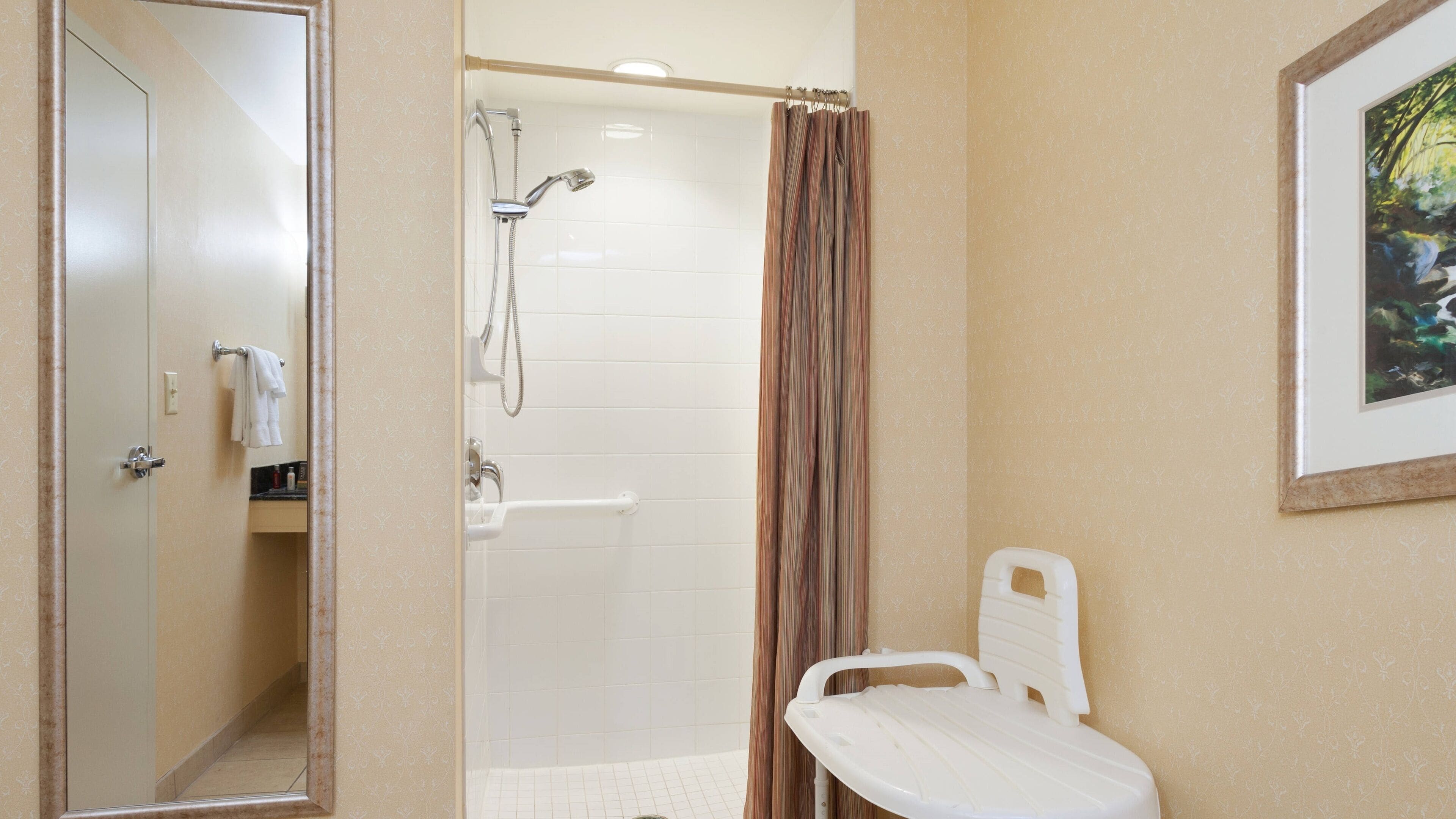 A bathroom with a shower, a toilet, and a mirror.