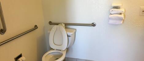 Un baño estándar con inodoro, barras de apoyo, toallero y porta papel higiénico.